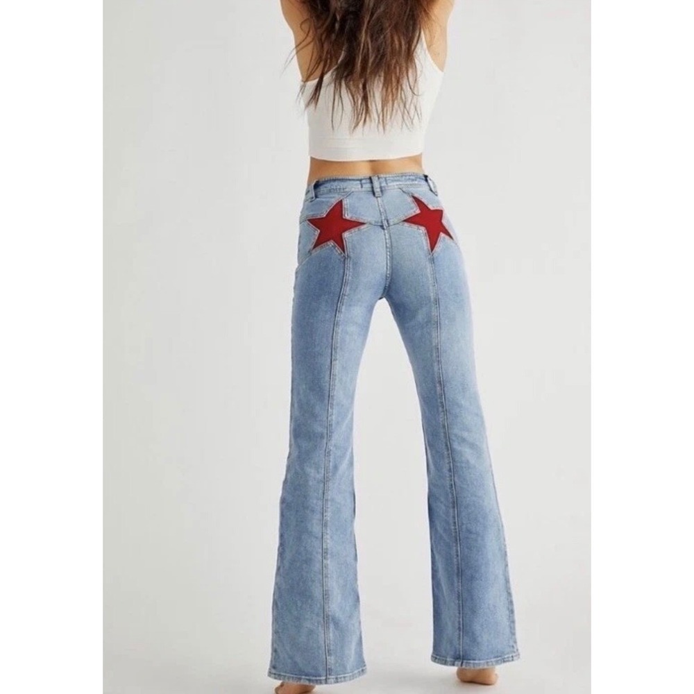 Free People We The Free Firecracker Flare Jeans Light Wash Red Stars Size 30